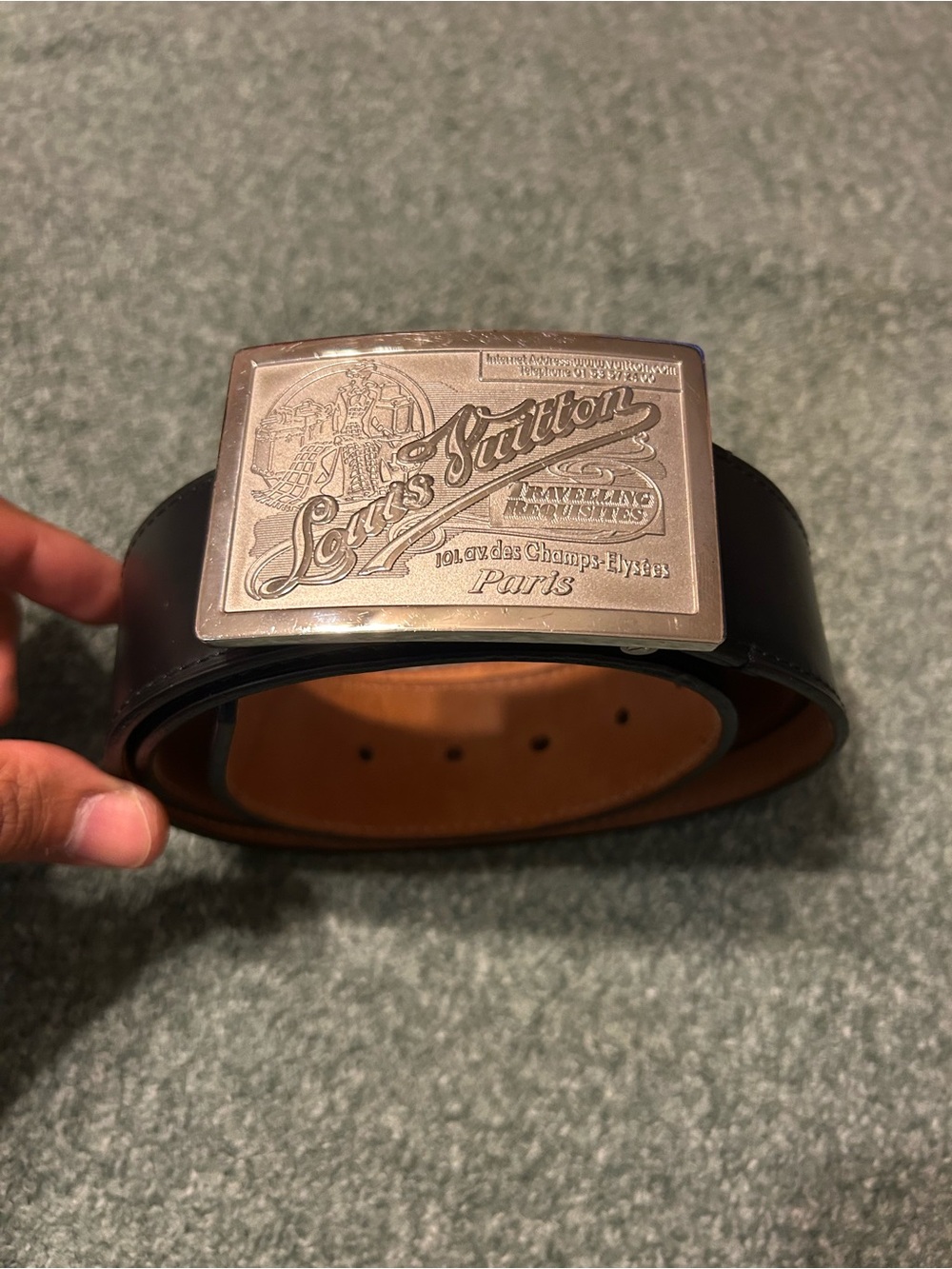 Louis Vuitton Black Leather Belt with Engraved Silver Buckle